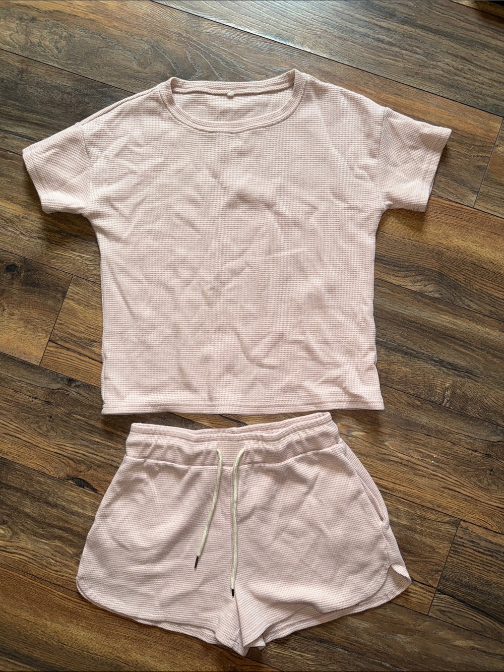 Beige/Pink Waffle Knit Shorts and Tee casual/PJ set